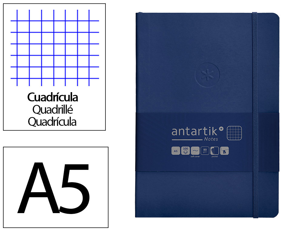 CUADERNO CON GOMILLA ANTARTIK NOTES TAPA BLANDA A5 HOJAS CUADRICULA AZUL MARINO 80 HOJAS 80 GR FSC