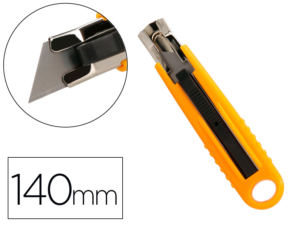 CUTER Q-CONNECT PLASTICO ANCHO DE SEGURIDAD RETRACTIL Y CON ASA PARA COLGAR CUCHILLA 18 MM XD-123 BLISTER 1 UNIDAD