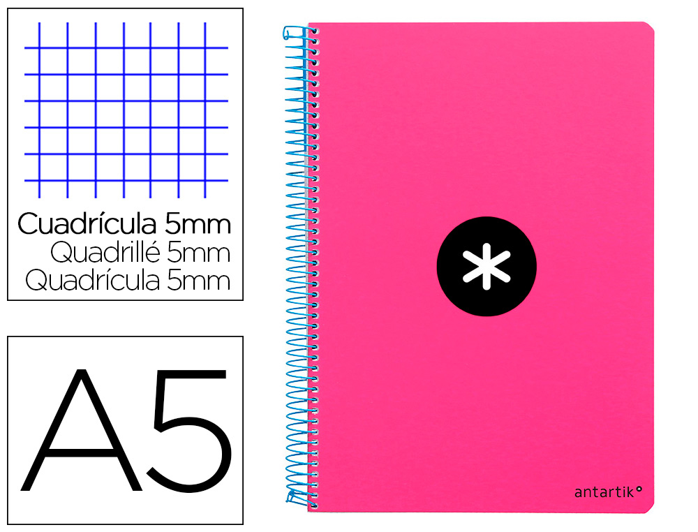 CUADERNO ESPIRAL ANTARTIK A5 TAPA DURA 80H 100 G CUADRO 5MM CON MARGEN COLOR ROSA FLUOR
