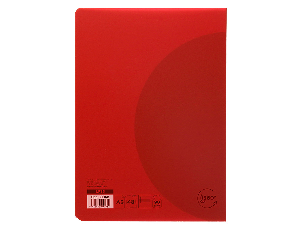 LIBRETA LIDERPAPEL 360 TAPA DE PLASTICO A5 48 HOJAS 90G/M2 HORIZONTAL CON MARGEN COLORES SURTIDOS