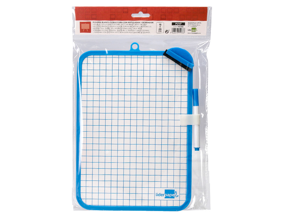 PIZARRA BLANCA LIDERPAPEL 18X26 CM DOBLE CARA LISA Y CUADRICULADA CON ROTULADOR Y BORRADOR