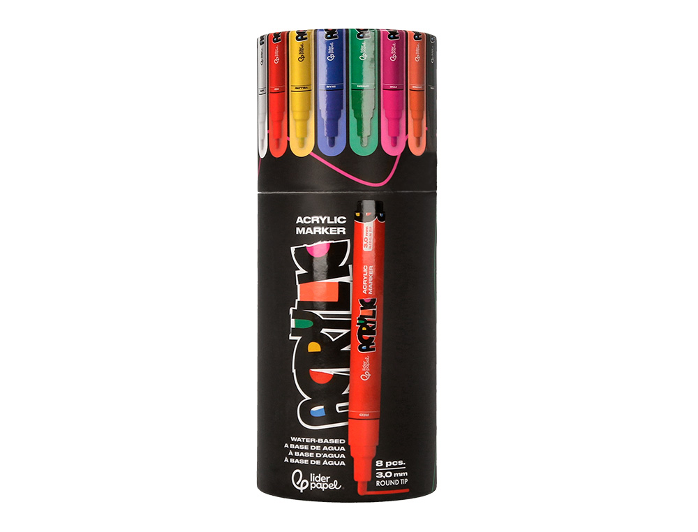 ROTULADOR LIDERPAPEL ACRYLIC BASE AGUA TODO TIPO DE SUPERFICIE PUNTA REDONDA 3MM CAJA DE 8 UNIDADES COLORES INTENSOS