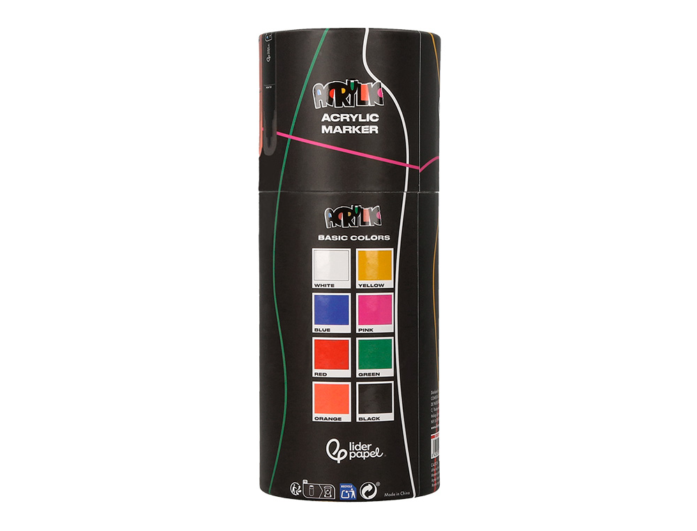 ROTULADOR LIDERPAPEL ACRYLIC BASE AGUA TODO TIPO DE SUPERFICIE PUNTA REDONDA 3MM CAJA DE 8 UNIDADES COLORES INTENSOS