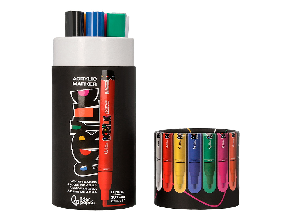 ROTULADOR LIDERPAPEL ACRYLIC BASE AGUA TODO TIPO DE SUPERFICIE PUNTA REDONDA 3MM CAJA DE 8 UNIDADES COLORES INTENSOS
