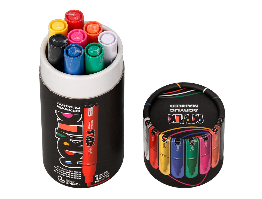 ROTULADOR LIDERPAPEL ACRYLIC BASE AGUA TODO TIPO DE SUPERFICIE PUNTA REDONDA 3MM CAJA DE 8 UNIDADES COLORES INTENSOS