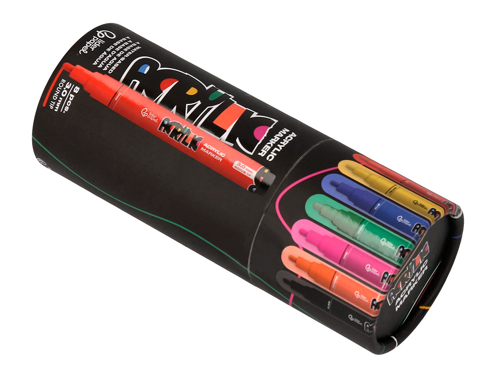 ROTULADOR LIDERPAPEL ACRYLIC BASE AGUA TODO TIPO DE SUPERFICIE PUNTA REDONDA 3MM CAJA DE 8 UNIDADES COLORES INTENSOS