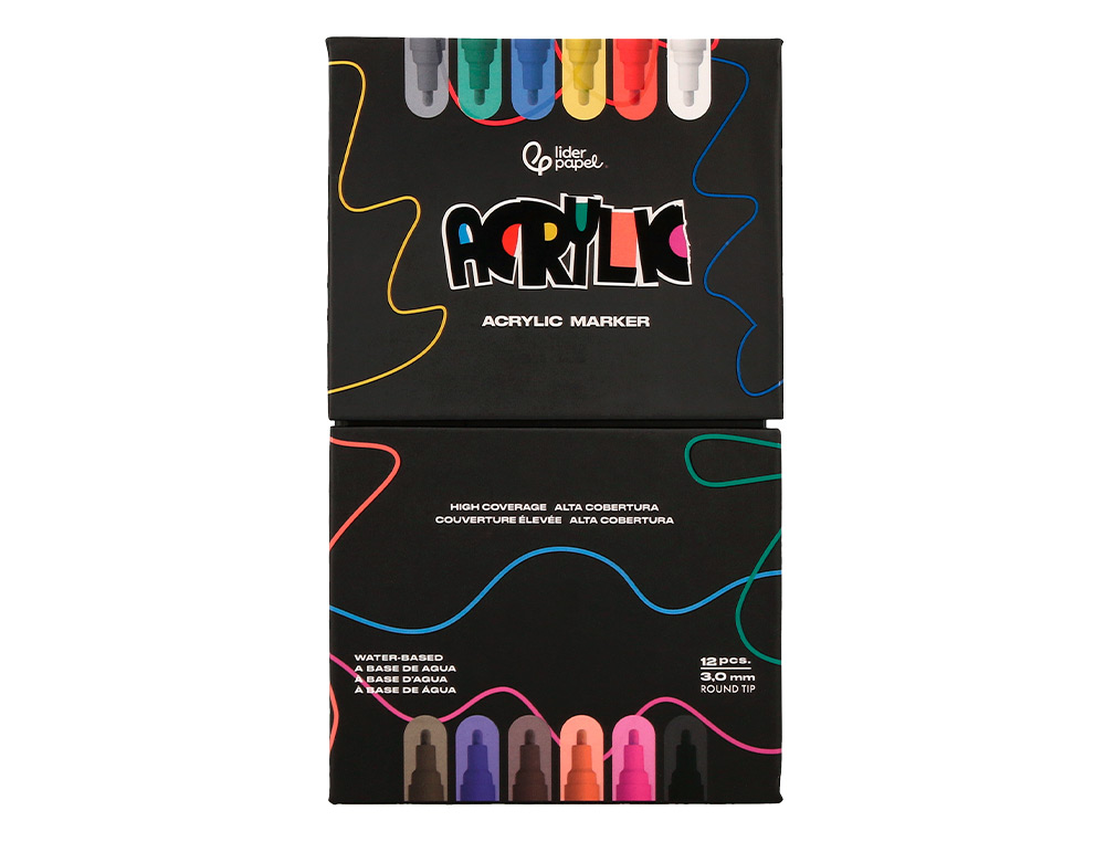 ROTULADOR LIDERPAPEL ACRYLIC BASE AGUA TODO TIPO DE SUPERFICIE PUNTA REDONDA 3 MM CAJA DE 12 UNIDADES COLORES SURTIDOS