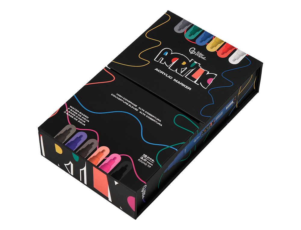 ROTULADOR LIDERPAPEL ACRYLIC BASE AGUA TODO TIPO DE SUPERFICIE PUNTA REDONDA 3 MM CAJA DE 12 UNIDADES COLORES SURTIDOS