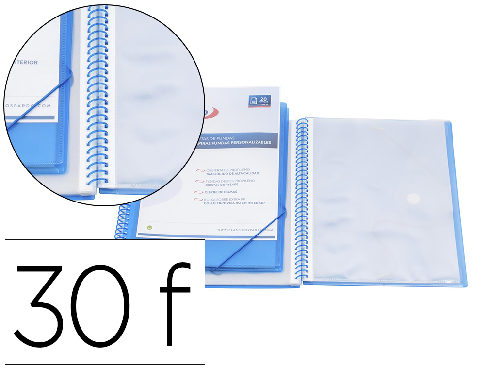 CARPETA PARDO ESCAPARATE CON ESPIRAL 30 FUNDAS POLIPROPILENO CON GOMAS PERSONALIZABLE COLOR AZUL