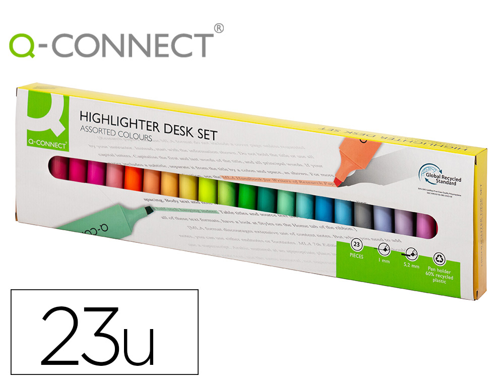 ROTULADOR Q-CONNECT FLUORESCENTE PUNTA BISELADA ESTUCHE DE SOBREMESA 23 UNIDADES COLORES SURTIDOS