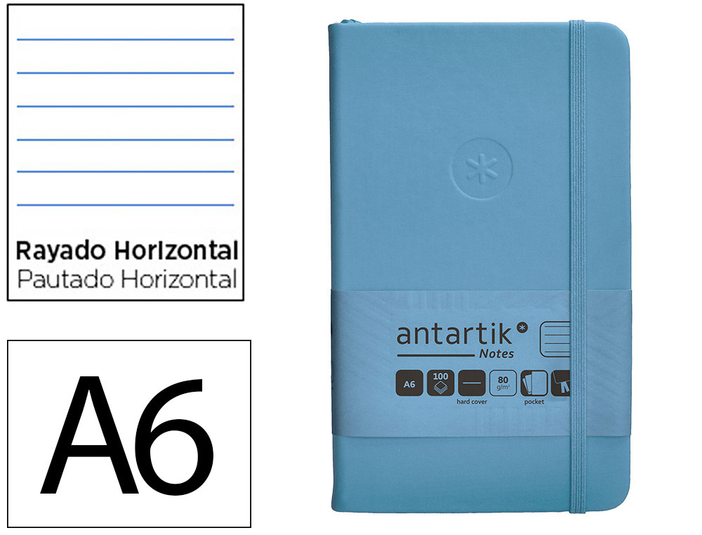 CUADERNO CON GOMILLA ANTARTIK NOTES TAPA DURA A6 HOJAS RAYAS AZUL CLARO 100 HOJAS 80 GR FSC