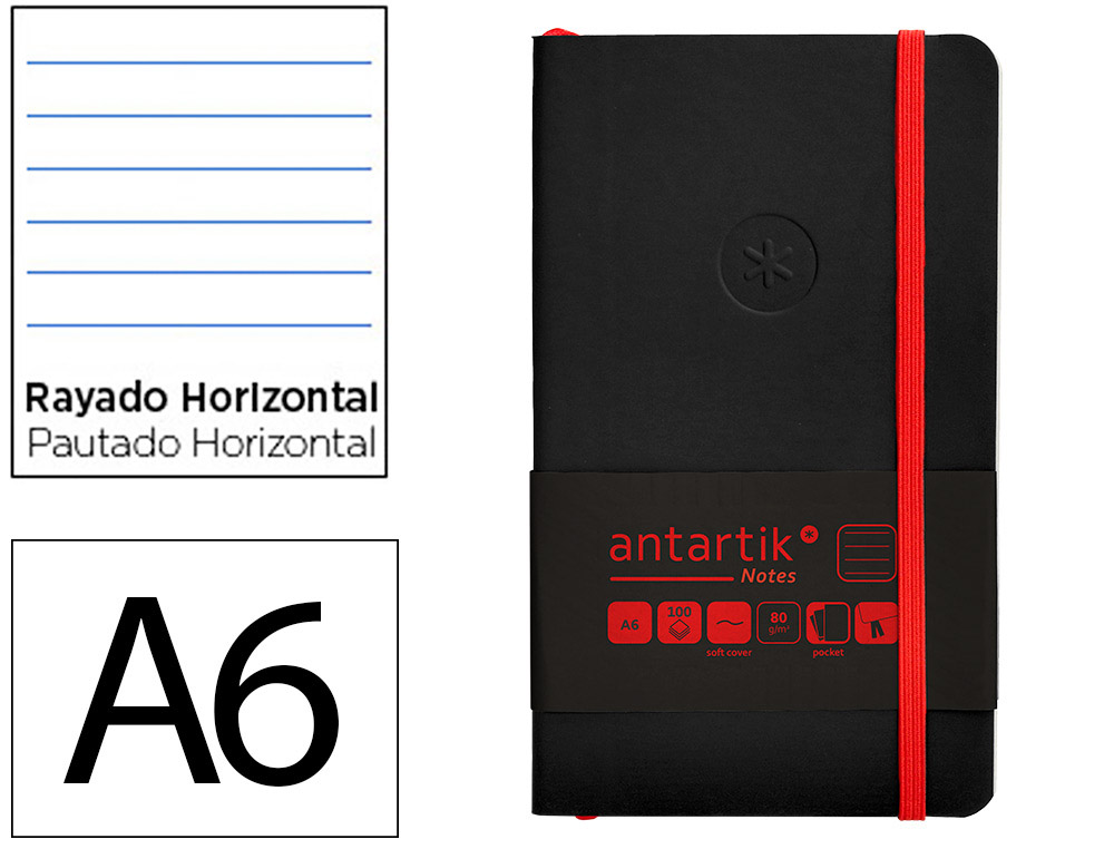 CUADERNO CON GOMILLA ANTARTIK NOTES TAPA BLANDA A6 RAYAS NEGRO Y ROJO 100 HOJAS 80 GR FSC