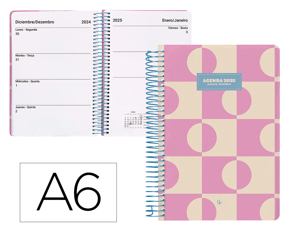 AGENDA ESPIRAL LIDERPAPEL CLASSIC A6 2025 SEMANA VISTA COLOR ROSA PAPEL 70 GR