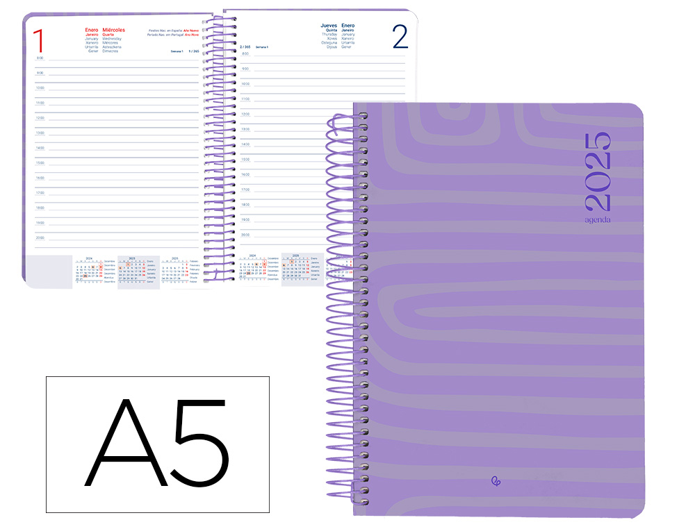 AGENDA ESPIRAL LIDERPAPEL SYROS A5 2025 DIA PAGINA COLOR MORADO PAPEL 60 GR