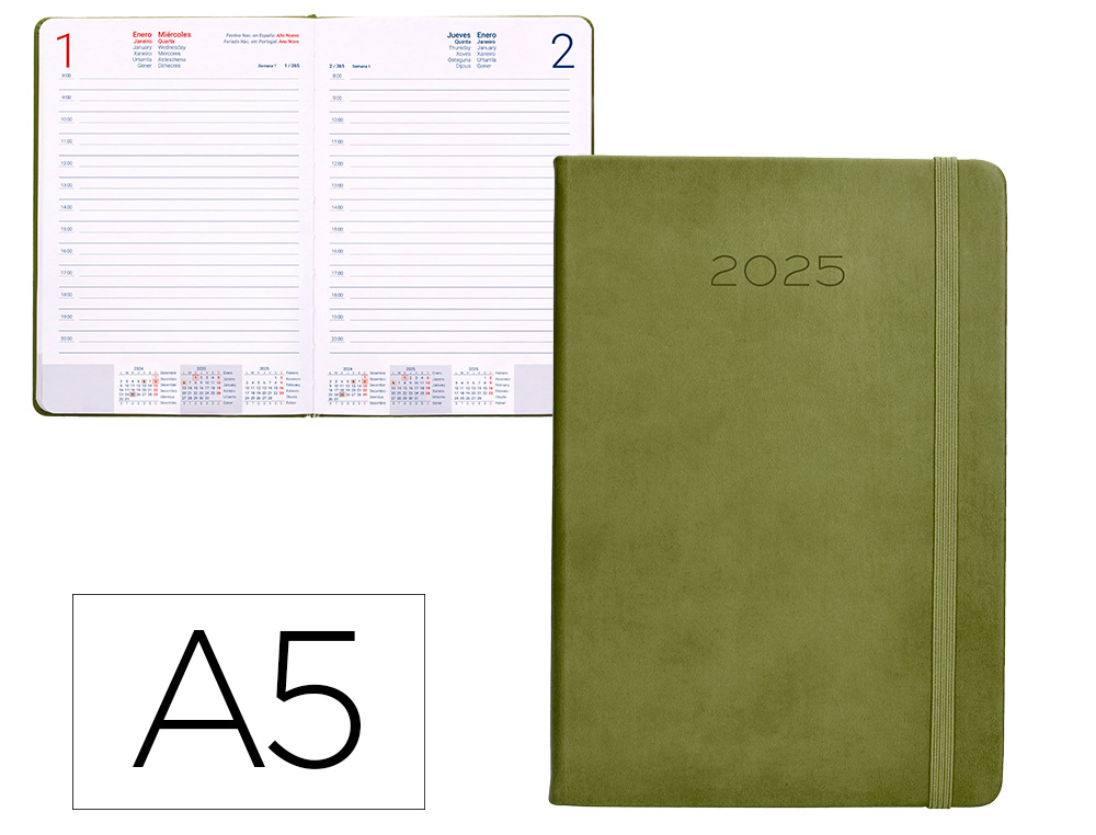 AGENDA ENCUADERNADA LIDERPAPEL MYKONOS A5 2025 DIA PAGINA COLOR VERDE PAPEL 70 GR