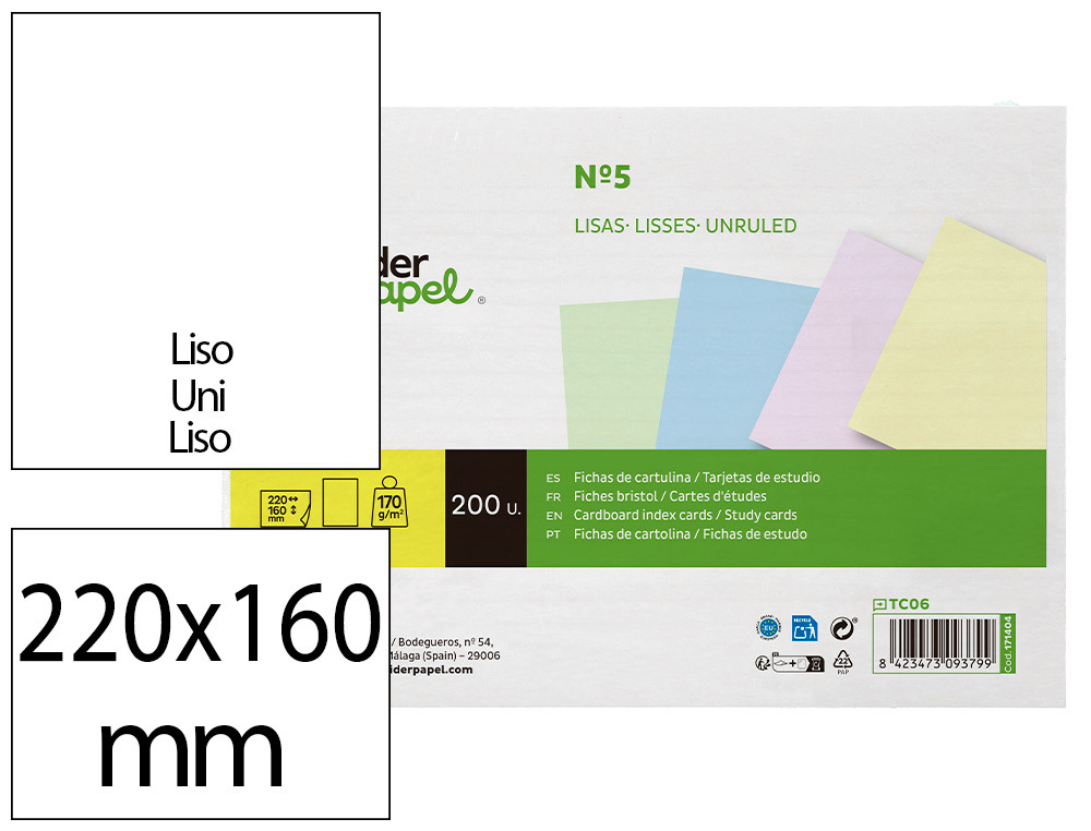 TARJETA LIDERPAPEL PARA ESTUDIAR LISA CARTULINA DE COLORES 170 GR/M2 160X220MM PAQUETE DE 200 UNIDADES