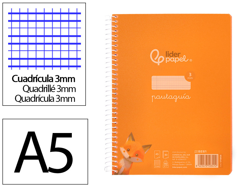 CUADERNO ESPIRAL LIDERPAPEL DIN A5 PAUTAGUIA TAPA PLASTICO 80H 90GR CUADRO PAUTADO 3MM COLOR NARANJA