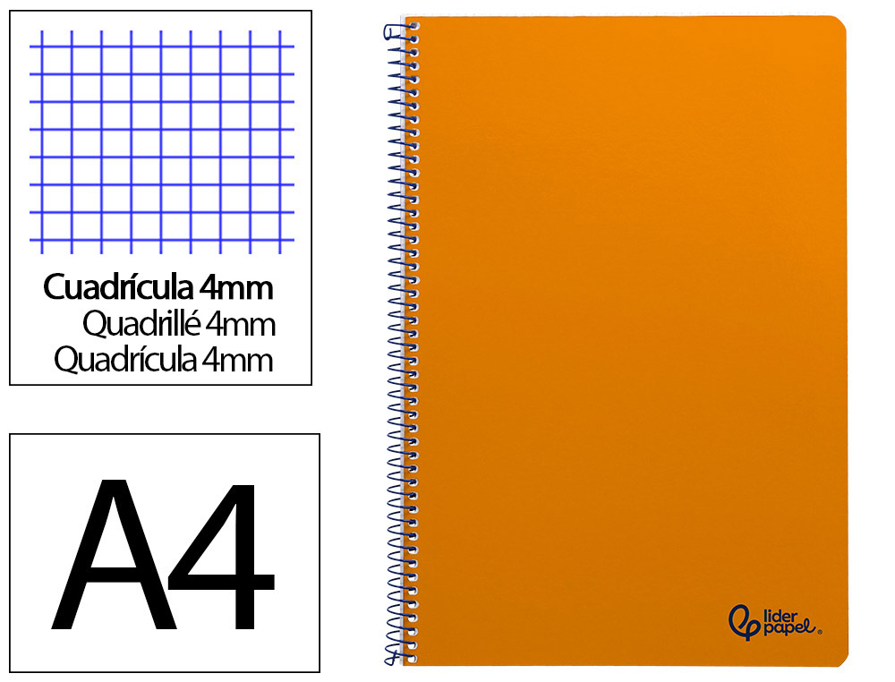 CUADERNO ESPIRAL LIDERPAPEL A4 SMART TAPA BLANDA 80H 75GR CUADRO 4MM CON MARGEN COLOR NARANJA