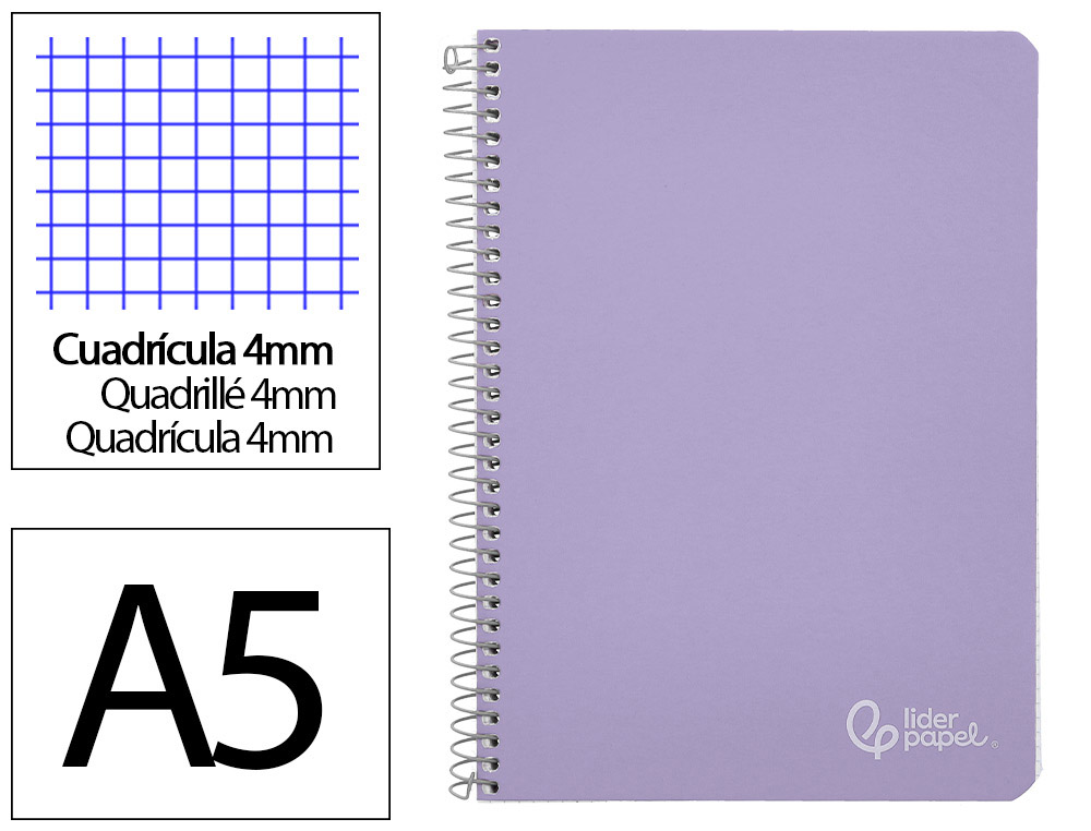 CUADERNO ESPIRAL LIDERPAPEL A5 WITTY TAPA DURA 80H 90GR CUADRO 4MM CON MARGEN COLOR VIOLETA