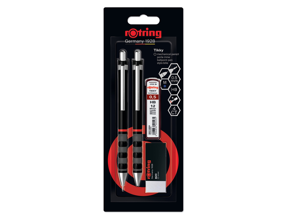 SET PORTAMINAS ROTRING TIKKY 0,5 MM COLOR NEGRO + BOLIGRAFO PUNTA M + GOMA DE BORRAR B20 + 12 MINAS HB