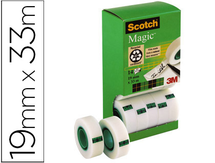 CINTA ADHESIVA SCOTCH MAGIC 33 MT X 19 MM PACK DE 14 ROLLOS CON DISPENSADOR DE CARTON